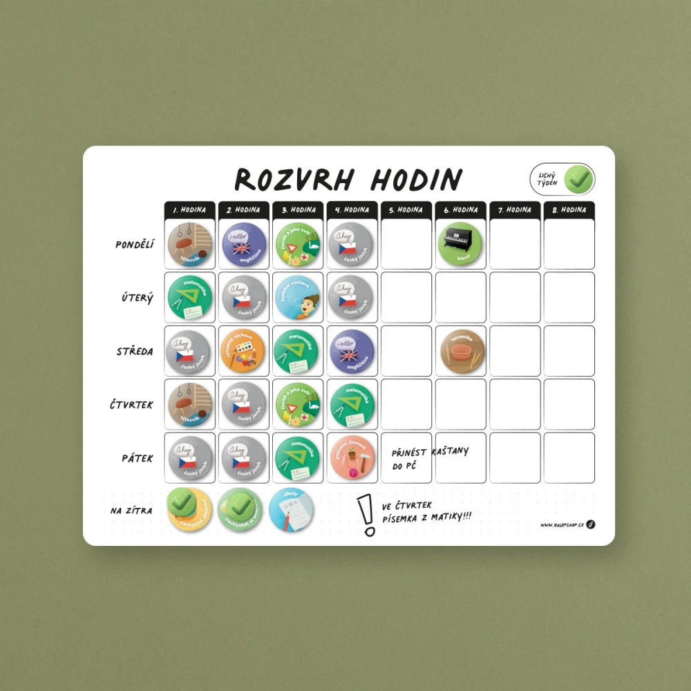 2. jakost Magnetický popisovatelný školní rozvrh 40×30 cm - bílý