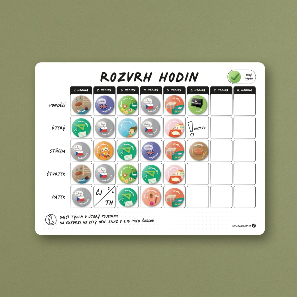 2. jakost Magnetický popisovatelný školní rozvrh 40×30 cm - bílý